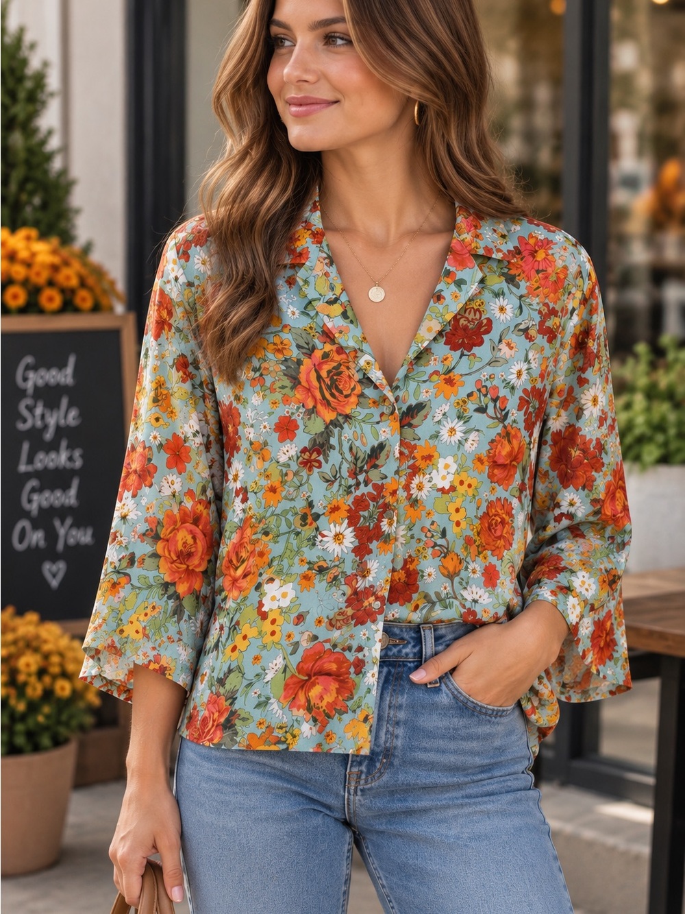 Floral Button-Front Blouse in Sage with Orange Blooms